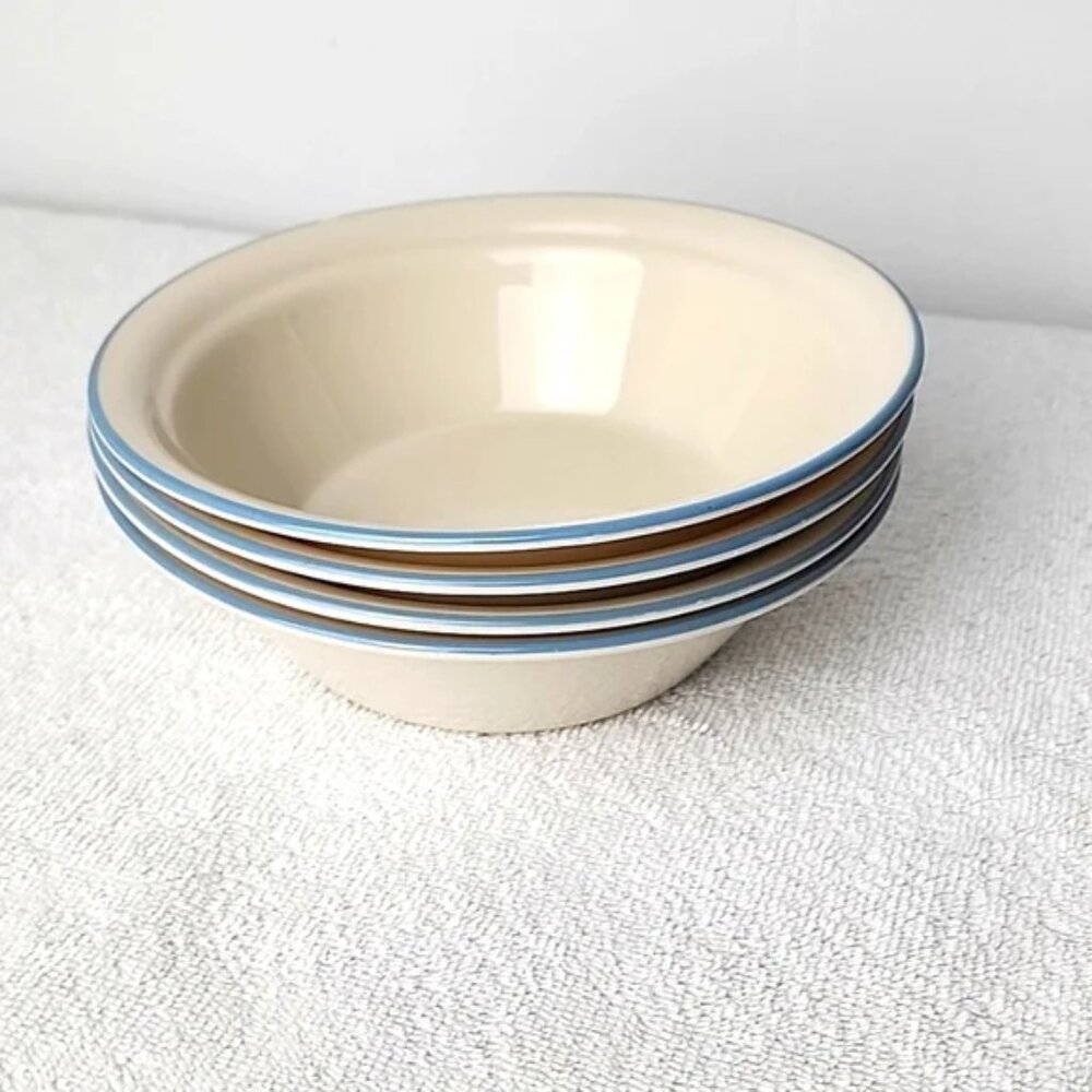Corelle Symphony Soup Cereal Bowls Beige w/ Blue Stripe Edge Set of 4